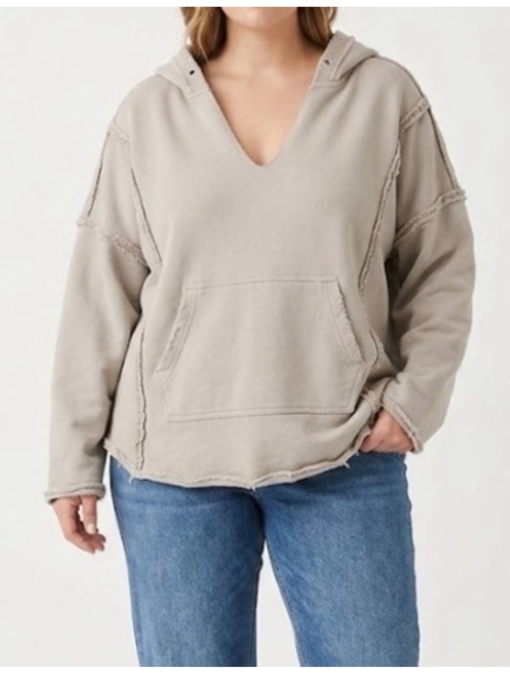 NATURAL LIFE Frayed Edge Gray Split Neck Hoodie Sweatshirt